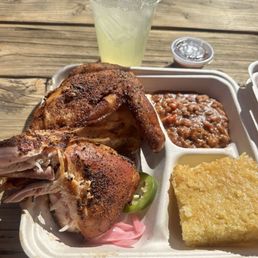 Cosmic chicken, spicy chili beans, cornbread, homemade lemonade.