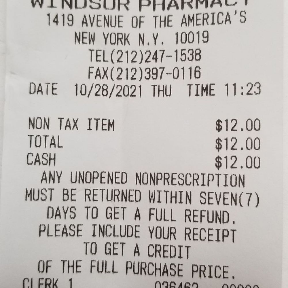 Windsor Pharmacy - My sales receipt with disclaimer - Drugstores Near Me - New York, New York Windsor Pharmacy - My sales receipt with disclaimer - Drugstores Near Me - New York, New York