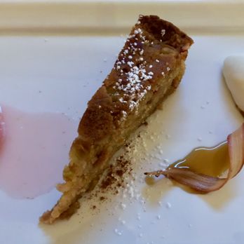Orchard Kitchen - Rhubarb Buckle Cake & Sherbet, Creme Fraiche Chantilly, and Muscovada Syrup with a swizzle. - Modern European Near Me - Langley, Washington