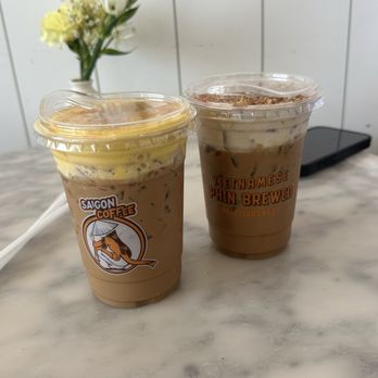 Saigon Coffee - Left: Hanoi egg coffee. Right: famous banana Saigon coffee - Vietnamese Near Me - San Diego, California Saigon Coffee - Left: Hanoi egg coffee. Right: famous banana Saigon coffee - Vietnamese Near Me - San Diego, California
