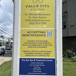 Falls City Eye Care - Sign out front with information about the business & their services.