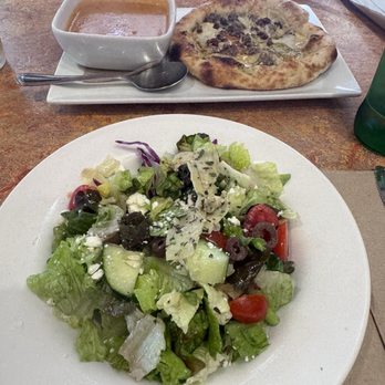 SPIN! Pizza - Greek Salad that came with my Mini Mia - Detroit Style and her Mini Mia - Original Style with tomato basil soup. - Pizza Near Me - Richardson, Texas