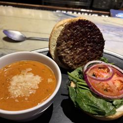 The 1886 - Burger with tomato-basil soup.