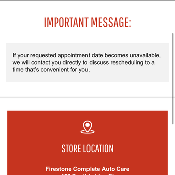 Firestone Complete Auto Care - My appointment details letting me know I would be contacted of appointment was unavailable - Tires Near Me - Auburn, Massachusetts