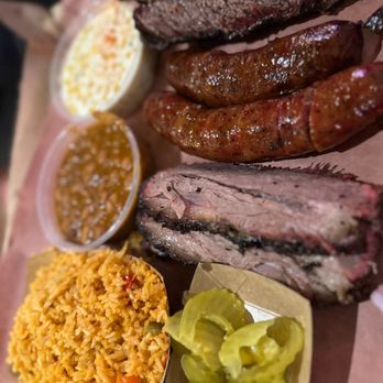 Terry Black's Barbecue - Brisket, sausage, rice, beans, and creamed corn - Barbeque Near Me - Austin, Texas