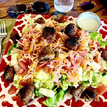 Moku Roots - Falafel Salad with tasiki dressing on the side - Vegan Near Me - Kula, Hawaii Moku Roots - Falafel Salad with tasiki dressing on the side - Vegan Near Me - Kula, Hawaii