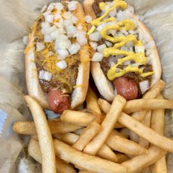 Grand Coney - Detroit and Chili Cheese Dogs with skimpy portioned out French fries (which tasted great but 50% less - see past pics)