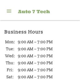 Hours: 9a - 7p Mon - Sat; closed Sun Hours: 9a - 7p Mon - Sat; closed Sun