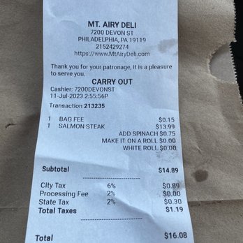 Mt. Airy Deli - Receipt - Delis Near Me - Philadelphia, Pennsylvania Mt. Airy Deli - Receipt - Delis Near Me - Philadelphia, Pennsylvania