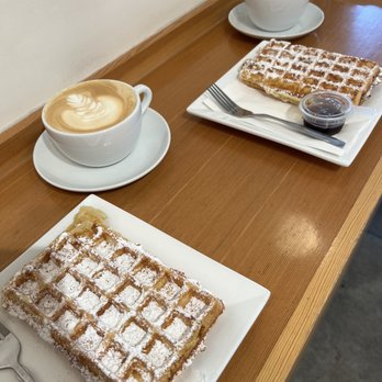 The Mill - Walking waffle and choc chip waffle with maple syrup. Plus lattes - Coffee & Tea Near Me - Sacramento, California