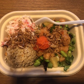 Poke Bar - 2 scoops of salmon, brown rice, little spring mix, edamame, green onion, pineapple, imitation crab, masago, and extra crispy onions - Poke Near Me - Scottsdale, Arizona Poke Bar - 2 scoops of salmon, brown rice, little spring mix, edamame, green onion, pineapple, imitation crab, masago, and extra crispy onions - Poke Near Me - Scottsdale, Arizona