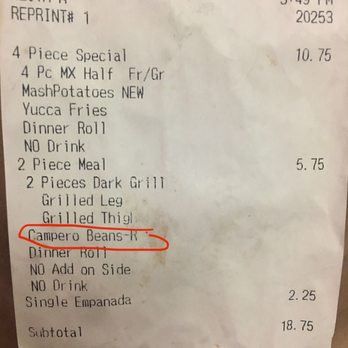 Pollo Campero - Receipt on bag says beans- weird. No dinner rolls in the bag either. - Fast Food Near Me - Falls Church, Virginia Pollo Campero - Receipt on bag says beans- weird. No dinner rolls in the bag either. - Fast Food Near Me - Falls Church, Virginia