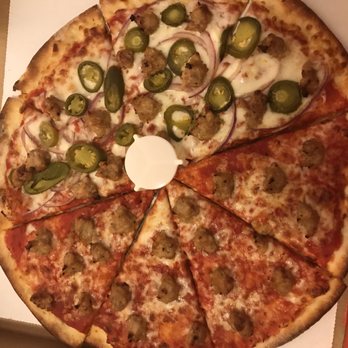 Porky's Pizza - All sausage thin crust pizza with jalapeños and red onion on my side with regular cheese. Other side is light cheese. - Pizza Near Me - Long Beach, California