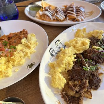 Border Grill - Chilaquiles Spicy Chicken, Tamale and birria hash - Mexican Near Me - Las Vegas, Nevada