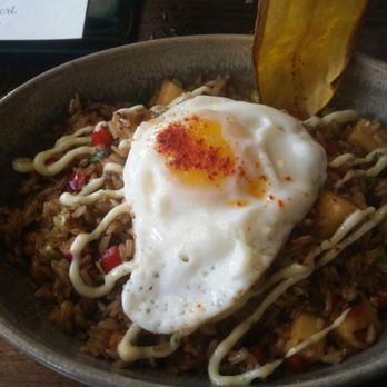 FINKA Table & Tap - Vegetarian dish: friend rice with pineapple chunks, sweet plantain slices and a fried egg - Asian Fusion Near Me - Miami, Florida FINKA Table & Tap - Vegetarian dish: friend rice with pineapple chunks, sweet plantain slices and a fried egg - Asian Fusion Near Me - Miami, Florida