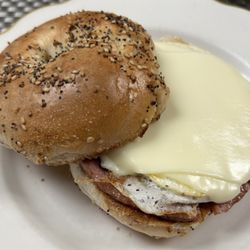 Coffee Cup Cafe - Pork Roll, Egg and Cheese on a toasted everything bagel. $5 and change. Not a bad deal or sandwich.