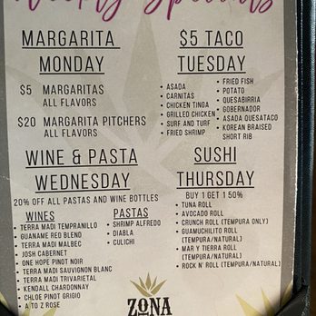 Zona Cantina + Cocina - Weekly specials menu as of 5/18/25 - Mexican Near Me - Mesa, Arizona