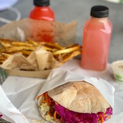 Clover Food Lab - Falafel   Sandwich, rosemary fries, strawberry lemonade & Rhubarb Agua Fresca