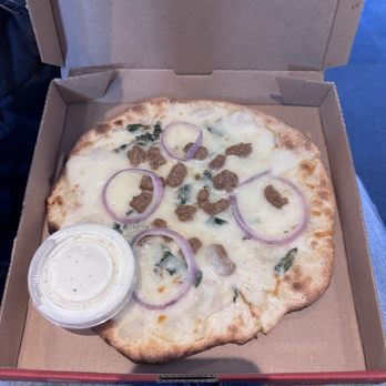 MOD Pizza - Cheesy garlic sausage pizza w/red onions and ranch on the side - Pizza Near Me - Portland, Oregon MOD Pizza - Cheesy garlic sausage pizza w/red onions and ranch on the side - Pizza Near Me - Portland, Oregon