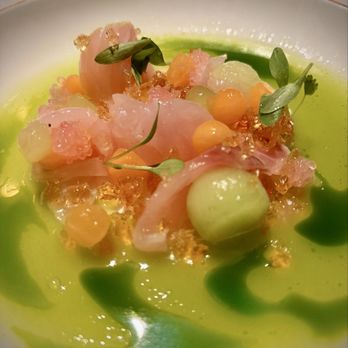 Spruce - DRY-AGED AMBERJACK CRUDO SMOKED MELON, SERPENT CUCUMBER, MAKRUT LIME OIL - American Near Me - San Francisco, California Spruce - DRY-AGED AMBERJACK CRUDO SMOKED MELON, SERPENT CUCUMBER, MAKRUT LIME OIL - American Near Me - San Francisco, California