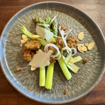 Hapa Bistro - Spring asparagus with sausage, almond, brown butter miso - French Near Me - San Bruno, California Hapa Bistro - Spring asparagus with sausage, almond, brown butter miso - French Near Me - San Bruno, California