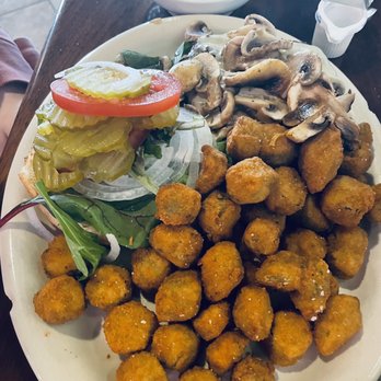 Rising Sun Cafe - Mushroom Swiss burger with fried okra which was really good! Love the seasoning. - Cafes Near Me - Denton, Texas Rising Sun Cafe - Mushroom Swiss burger with fried okra which was really good! Love the seasoning. - Cafes Near Me - Denton, Texas