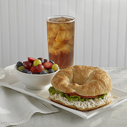 Chicken Salad Chick - Classic Carol Chicken Salad on a Croissant with Fresh Fruit! Yumm!