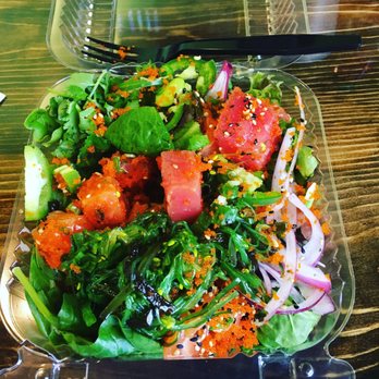 Poke n Salad - Salmon and ahi on a green salad with everything except corn. The spicy sauce is on point! - Poke Near Me - Temecula, California Poke n Salad - Salmon and ahi on a green salad with everything except corn. The spicy sauce is on point! - Poke Near Me - Temecula, California