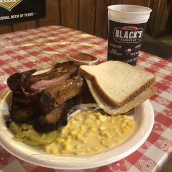 Black's Barbecue Lockhart - Beef ribs, brisket, cream corn, and pinto beans. - Barbeque Near Me - Lockhart, Texas