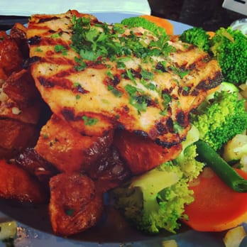 Dr Grubb's - Fire grilled Alaskan salmon with baby herb roasted potatoes and vegetable medley. *drool* - American Near Me - Claremont, California Dr Grubb's - Fire grilled Alaskan salmon with baby herb roasted potatoes and vegetable medley. *drool* - American Near Me - Claremont, California