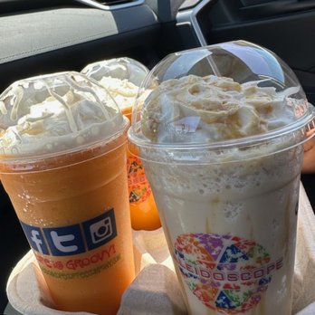 Kaleidoscope Coffee Company - Medium Caramel Frappe and the Mango Tangos - Coffee & Tea Near Me - Anderson, California Kaleidoscope Coffee Company - Medium Caramel Frappe and the Mango Tangos - Coffee & Tea Near Me - Anderson, California