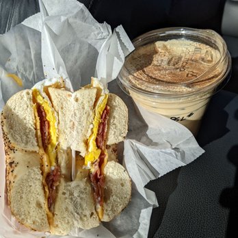 Cafein - Bacon egg and cheese everything bagel & butterscotch latte - Coffee & Tea Near Me - Chantilly, Virginia
