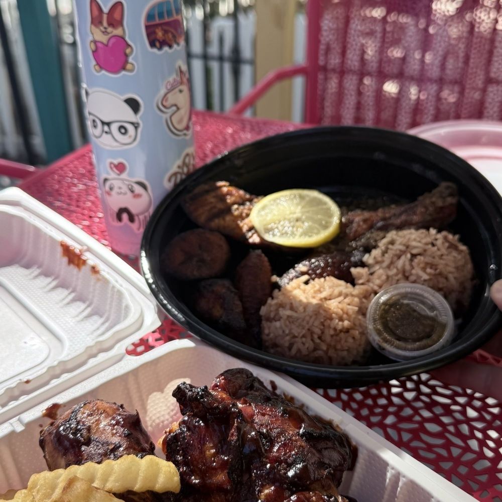 Back A Yard Caribbean Grill - BBQ Chicken & Pork Ribs with french fries and Jerk Salmon with rice and beans plus plantain... - Caribbean Near Me - San Jose, California