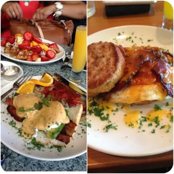 Plums Cafe - Santa Fe Eggs Benedict, Coconut French toast, and biscuits 'n gravy breakfast sandwich!! All 3 dishes are to die for!!! - Breakfast & Brunch Near Me - Costa Mesa, California