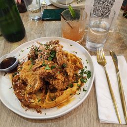 Peaches and Cream Chicken and Waffles