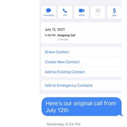 screenshot of the call log where we originally booked the 8/7 brunch reservation