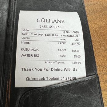 Gülhane Şark Sofrası - Bill - Turkish Near Me - Istanbul, 34 Gülhane Şark Sofrası - Bill - Turkish Near Me - Istanbul, 34