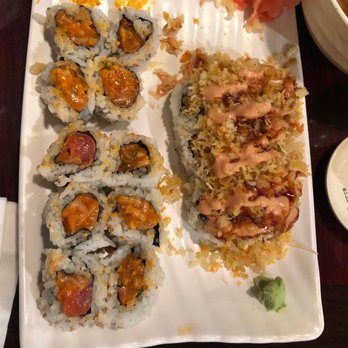 Tanaka Sushi - Spicy salmon & shrimp tempura crunch roll - Korean Near Me - Lisle, Illinois Tanaka Sushi - Spicy salmon & shrimp tempura crunch roll - Korean Near Me - Lisle, Illinois
