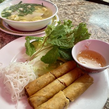 Pho 97 - Wonton Noodle Soup (egg noodles) and egg Grilled Pork and Spring Roll Vermicelli  4/8/22 - Vietnamese Near Me - Honolulu, Hawaii
