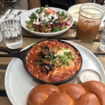 Reunion - Shakshooka with eggplant and chicken shawarma - Breakfast & Brunch Near Me - Brooklyn, New York Reunion - Shakshooka with eggplant and chicken shawarma - Breakfast & Brunch Near Me - Brooklyn, New York