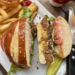 Sliced side view of the Muenster Pretzel Impossible Burger - heaven!