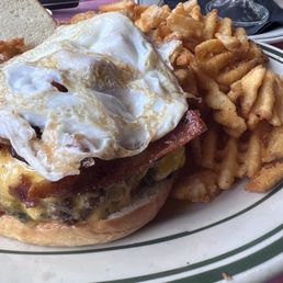 Good ol' American Bacon Cheeseburger with over easy egg!!!
