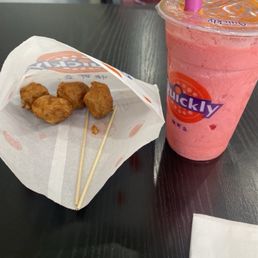 Squid Balls and Strawberry Banana Smoothie