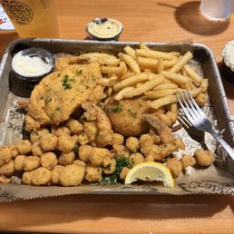 Seafood platter, scallops, flounder, shrimp