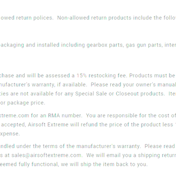 Airsoft Extreme - Nothing in their return policy states that they won't accept returns because of an online review. - Sporting Goods Near Me - Santa Clara, California