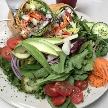 Side Door Cafe - Veggie burger as a wrap with side salad - New American Near Me - Gleneden Beach, Oregon