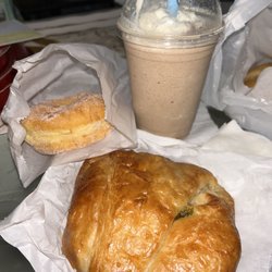 Blended iced Coffee, sugar donut, and jalapeño ham and cheese. Yum!