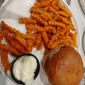 Rocky River Tap and Table - Burger and sweet potato waffle fries - Bars Near Me - Granger, Indiana Rocky River Tap and Table - Burger and sweet potato waffle fries - Bars Near Me - Granger, Indiana