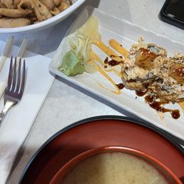 Sweet and sour crispy chicken, miso soup, and Vegas roll