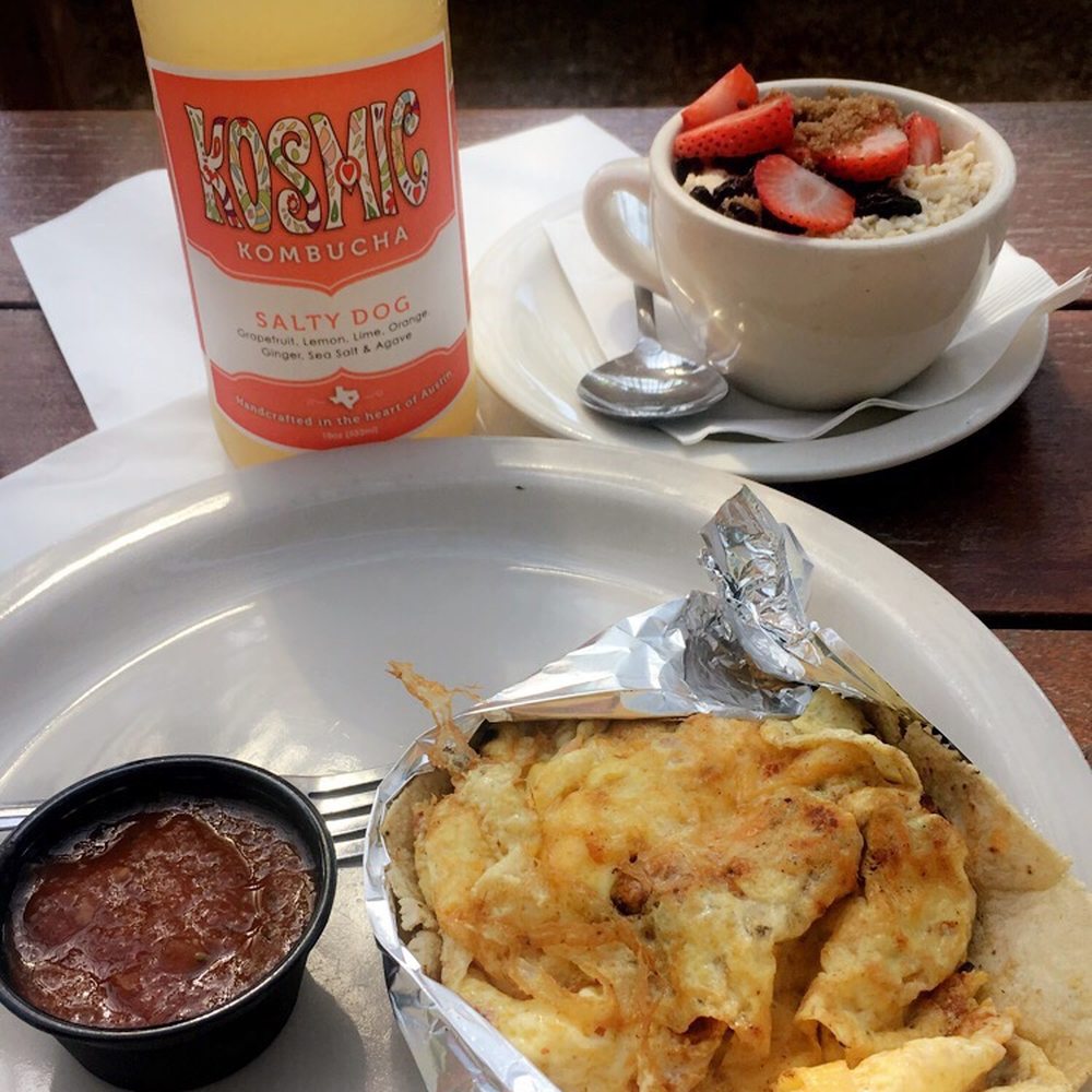 Cenote - Chorizo breakfast taco and salty dog kombucha for me and oatmeal for my friend. - Coffee & Tea Near Me - Austin, Texas Cenote - Chorizo breakfast taco and salty dog kombucha for me and oatmeal for my friend. - Coffee & Tea Near Me - Austin, Texas